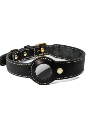 Genuine Leather Dog Collar with Airtag Case - Black